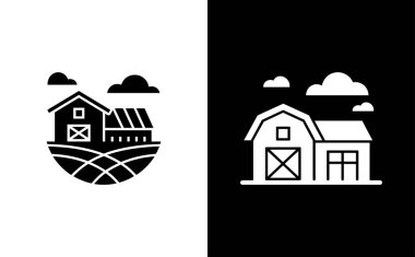 Siluet tasarımı, tepeleri ve bulutları yuvarlanan bir yamaca yerleştirilmiş bir çiftlik barnhouse ikonunu tasvir ediyor. Minimalist logo vektör çizimi.
