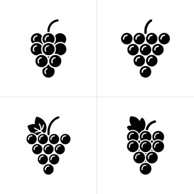 Bu resim dört tane siyah beyaz üzüm demeti grafiğini gösterir. Yapraklı iki üzüm kümesi ve iki tanesi sadece üzüm gösteriyor. Her öge beyaz bir arkaplanda.