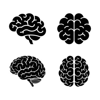 Görüntü beyaz üzerine dört siyah beyin silueti dizaynı içeriyor. Anatomi sembolleri serebral korteksi gösteriyor, karmaşık düşünce ve fikirleri iletiyor..
