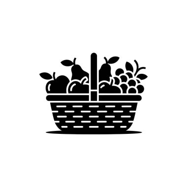 Çeşitli meyvelerle dolu bir sepetin basit kabartma çizimi. Kırsal pazar tasarımı için üzüm, armut, elma ve diğer meyveleri gösteriyor.