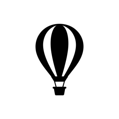 Çizgili ve sepetli izole sıcak hava balonu. Şeffaf arkaplanı olan siyah siluet tasarımı. Basit, simgesel illüstrasyon.