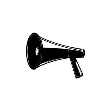 Temiz dijital sanat eserleri, şeffaf bir arkaplanda siyah bir megafon ya da hoparlör siluetini gösteriyor. Basit illüstrasyon.