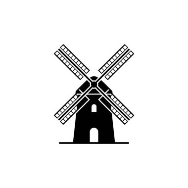 Dönen bıçaklar ve en az detay ve şeffaf arkaplan ile basit mimari biçimi gösteren beyaz üzerine siluet ile betimlenmiş değirmen.