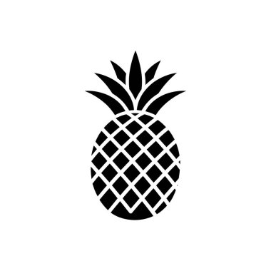 Vücudunda şeffaf bir zemin üzerinde çapraz kapak deseni olan koyu siyah bir ananası gösteriyor. Tropikal bir meyve yaprakları yukarıya doğru uzanıyor..