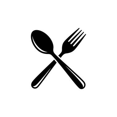Basit ikon gösterileri çapraz kaşık ve çatal siluetleri gösteriyor. Görüntü şeffaf bir arkaplan üzerinde izole edilmiştir. Mutfak aletleri ters yöndedir..
