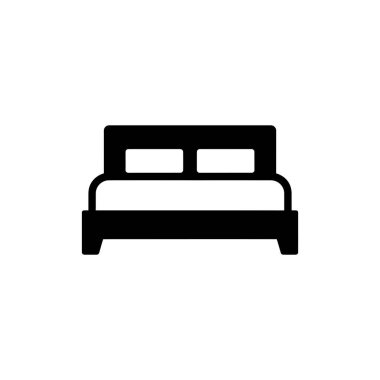 Yatak başlığı, şiltesi ve çerçevesi olan büyük boy bir yatağın ön görüntüsü şeffaf arkaplan ile basit, siyah, düz bir vektör simgesinde gösterilir..