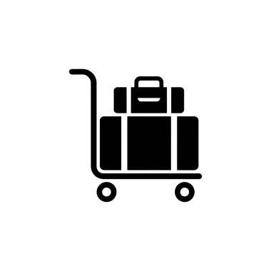 Trolley ikonu, şeffaf arka planı olan bir yük arabasında iki bavul sergiliyor. Seyahat, ulaşım ve kolaylığı simgeler.