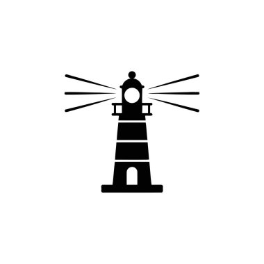 Yatay ışınlar yayan parlak bir feneri olan uzun bir deniz fenerinin silueti. Şeffaf arkaplandaki izole görüntü. Deniz güvenliği için seyrüsefer yardımı.