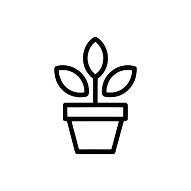 Bu resim, küçük bir bitkinin minimalist, siyah ana hatlı bir simgesini gösteriyor. Kare bir tencerede üç yaprak, temiz beyaz bir arkaplan üzerine kurulmuş..