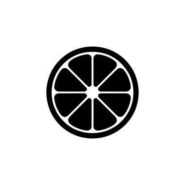 Dairesel şekli ve bölümleri olan turuncu dilimli düz bir ikon. Basit meyve logosu. Şeffaf arkaplanda tek bir nesne var..