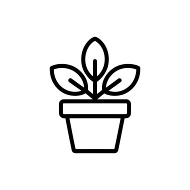 Minimalist bir siyah taslak simgesi, bir saksıda üç yaprağı olan bir bitkiyi gösteriyor, beyaz bir arkaplanda izole edilmiş, basitlik için tasarlanmış..