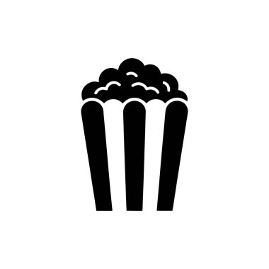 İzole patlamış mısır kovası, siyah monokrom siluet ikonu, şeffaf bir arkaplan üzerine kurulmuş. Atıştırmalık sinema temalı tasarımlar için uygun.