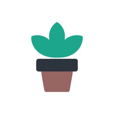 Görüntü, beyaz üzerinde izole edilmiş koyu renkli bir kenarı olan bir çömlekte büyüyen küçük yeşil bir bitkinin biçimlendirilmiş vektör illüstrasyonunu gösteriyor..