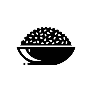 Büyüleyici yiyecek ikonu, çok yönlü tasarım uygulamaları için şeffaf bir zemin üzerinde siyah bir siluet kullanarak bir kasede pirinç taneleri gösteriyor..