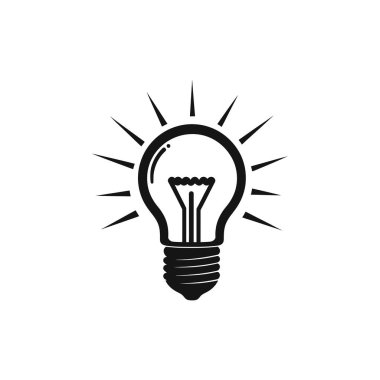Siluet illüstrasyonunda şeffaf bir arkaplan üzerinde ışınlar olan bir ampul gösterilir, fikir veya yenilik kavramını somutlaştırır..