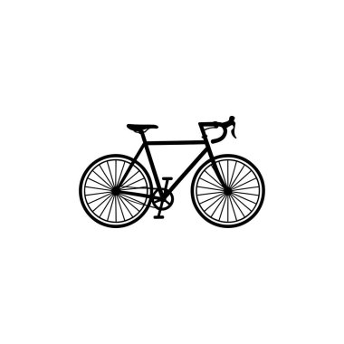 Siyah ve beyaz bir vektör görüntüsü düzgün bir bisiklet profili gösterir, indirme gidonu, ince bir koltuk ve temiz bir arkaplan üzerinde tekerlekler.