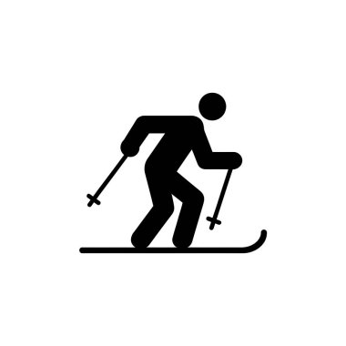 Siluet simgesi, direkli bir insanın yokuş aşağı kayışını gösteriyor. Spor ve açık hava aktiviteleri şeffaf bir arka planda izole edilmiş..