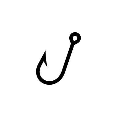 Minimalist siyah-beyaz vektör çizimi tek bir klasik balık kancası sergiliyor. Keskin dikenli ve kıvrımlı göz dirseği olan kıvrımlı bir şekil..