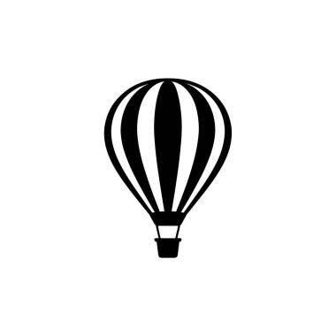 Klasik sıcak hava balonu illüstrasyonunda balon kısmını siyah beyaz çizgiler kaplıyor, sepet açıkça görülüyor. Beyaz bir arkaplanda simge izole edildi.