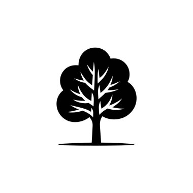 Minimalist bir monokrom grafiği net olarak tanımlanmış dalları ve yuvarlak bir taç şeklindeki yaprak döken ağacı betimliyor parlak, katı beyaz bir zemin üzerinde..