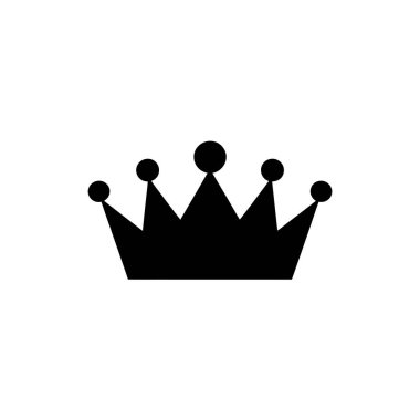 Vektör görüntüsü koyu siyah bir taç silueti gösteriyor. Crown 'un her birinin üstünde siyah bir küre bulunan beş tane üçgen zirvesi var. Gıcır gıcır beyaz bir arkaplanda.