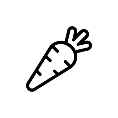 Bir taslak ikon çizimi tek bir havuç gösteriyor. Sebze, üzerinde koyu yeşil yapraklı yeşillikler olan turuncu renktedir. Havuç hafifçe sağa dönük..