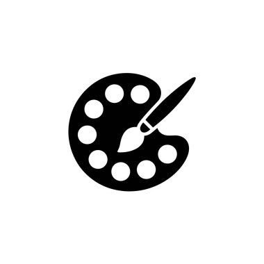 Minimalist siyah ve beyaz vektör sanatı, sanat temalı tasarımlar için ideal, üzerinde yedi boya kuyusu ve boya fırçası bulunan bir ressamın paletini gösteriyor..