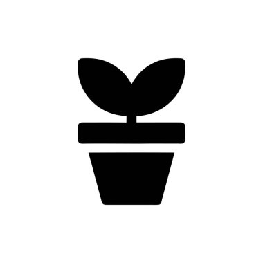 Siyah siluet simgesi, beyaz arka planda duran kare bir saksı ve yuvarlak yapraklı bir saksı bitkisini gösteriyor. Büyümeyi, doğayı ve basit tasarım estetiğini simgeliyor..