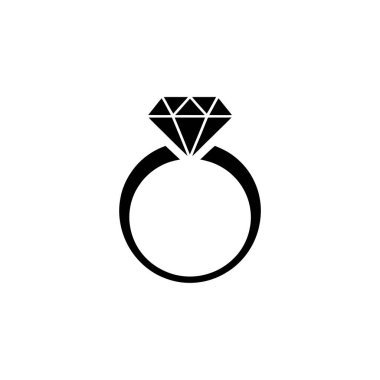 Klasik bir solitaire elmas nişan yüzüğünü tasvir eden vektör simgesi. Aşkın, bağlılığın ve evlilik tekliflerinin ebedi sembolü. Beyaz arkaplanda koyu siyah tasarım.