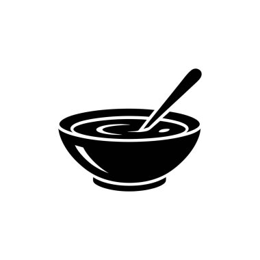 Şeffaf bir arka planda içinde kaşık olan siyah kase. Kasenin kıvrımlı çizgileri var, siluet tarzını gösteriyor. Tasarım basit, temiz ve semboliktir..