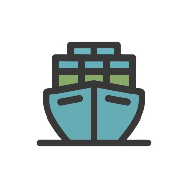 Konteynırlarla dolu, simge haline getirilmiş bir deniz mavisi ve yeşil kargo gemisini gösteren vektör stili grafik. Görüntü temiz beyaz bir arkaplanda izole edilmiştir..