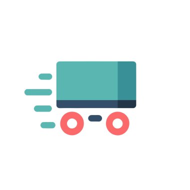 Grafiksel olarak, mavi çizgileri ve kırmızı tekerlekleri olan, sade beyaz zemin üzerinde hız ve verimliliği kolay entegrasyon için aktaran, maviler içinde stilize edilmiş bir nakliye kamyonu görülüyor..