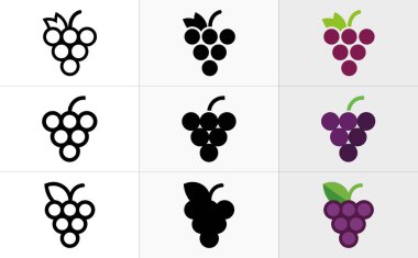 Çizgi sanatı, koyu siyah siluetler ve beyaz arkaplanda yeşil yapraklar bulunan mor renkli versiyonlar da dahil olmak üzere bir dizi üzüm illüstrasyonunu gösteriyor. Üzüm simgeleri koleksiyonu.