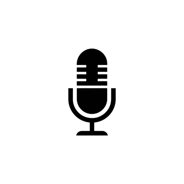Katıksız siyah bir siluet, yuvarlak başlı ve yatay çizgileri olan klasik bir mikrofonu bembeyaz bir arkaplan ile bir stüdyo ikonu olarak biçimlendirilmiş bir şekilde tasvir eder..