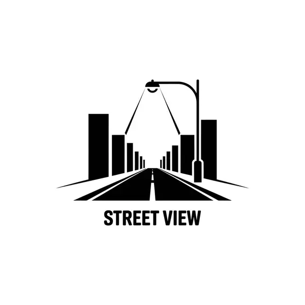 Tarzlı bir grafik, asfalt bir yol, binalar ve bir sokak lambasıyla aydınlatılan ve perspektif odaklı bir şehir manzarası yaratan, siyah beyaz bir sokak manzarası sunar..