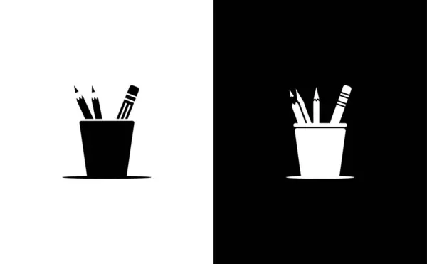 Kalemlerin ve silginin olduğu bir vektör simgesi. Görüntü minimalist ve beyaz bir arkaplan ile tasarlanmış..