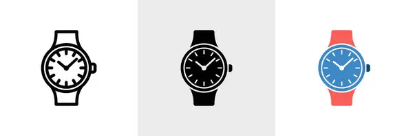 Resim üç farklı saat illüstrasyonunu tasvir ediyor. Sol dizaynın ana hatları ince, merkez koyu siyah ve sağ kol saati ise mavi ve kırmızı..