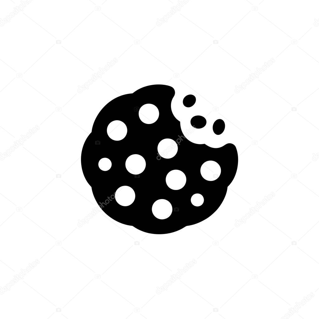 Single, black and white graphic illustration featuring a chocolate chip cookie with a missing bite, isolated against a clean white backdrop. The simple design is engaging.