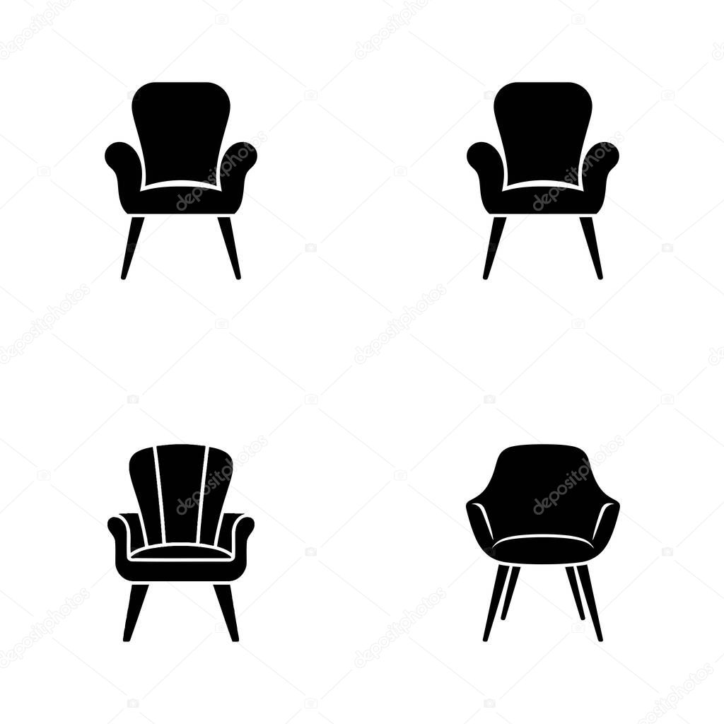 Set of chair icons with different style seats and legs. Minimalist chair design, in a simple silhouette, isolated on a transparent background.