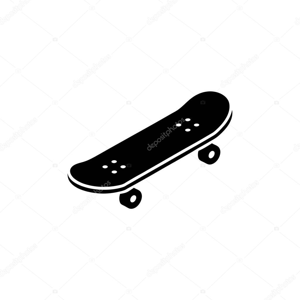 A stylized monochrome image features a solid black skateboard with its four wheels, isolated on a clean white background. It shows a simple graphic illustration style.