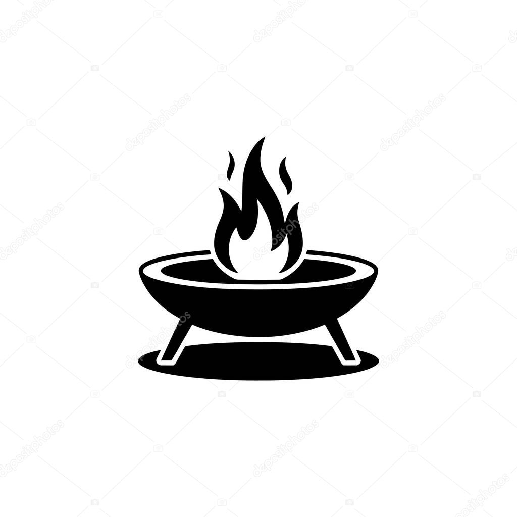 A clean black and white icon illustrating a portable fire pit with flames. Perfect for camping, outdoor cooking, or branding related to warmth.