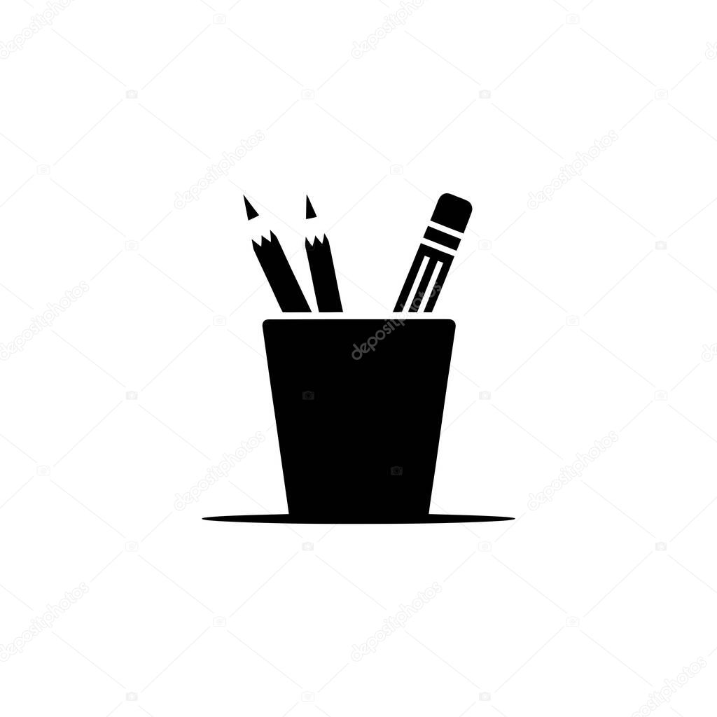 A minimalist monochrome graphic displays a pencil holder with two sharpened pencils and one eraser-topped pencil inside, making it a useful symbol.