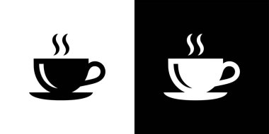 Beyaz arkaplanda siyah bir kahve fincanı simgesi ve siyah bir fonda buhar grafikli beyaz bir kahve bardağı simgesi gösteren bölünmüş bir ekran..