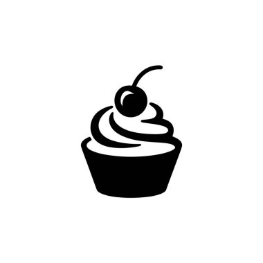 İzole edilmiş vektör illüstrasyonu, basit ve grafik bir ikon tasarımı olarak sunulan, kirazla kaplı tek bir siyah kek gösteriyor..