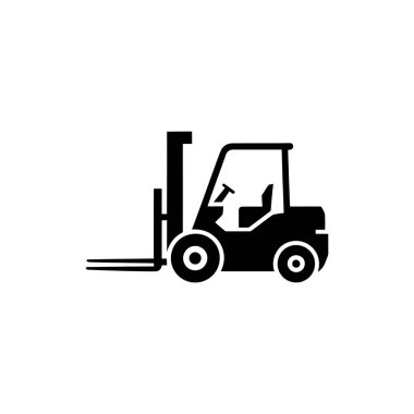 Bu izole edilmiş vektör illüstrasyonunda, endüstriyel, ulaşım veya lojistik içerik için mükemmel bir minimalist siyah-beyaz forklift kamyonu yer alıyor..