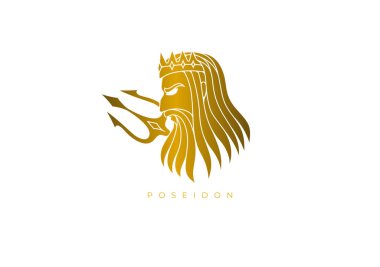 Antik Yunan deniz tanrısı Poseidon için altın tasarım logosu, nehirler, seller ve kuraklık, depremler ve atlar. Kalitesini kaybetmeden herhangi bir çözünürlük için vektör dosyası.