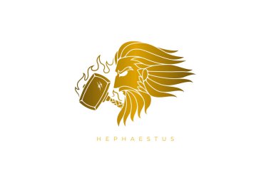 Hephaestus için altın tasarım logosu, antik Yunan ateş tanrısı, demirciler, zanaatkarlar, metal işçiliği, taş ustalığı ve heykel. Kalitesini kaybetmeden herhangi bir çözünürlük için vektör dosyası.