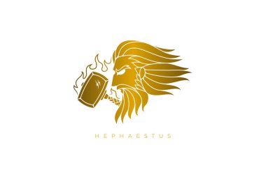 Gold design logo for Hephaestus, the ancient Greek god of fire, smiths, craftsmen, metalworking, stonemasonry and sculpture. Vector file for any resolution without losing its quality. clipart