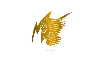 Tanrıların Kralı Zeus için altın tasarım logosu ve gökyüzü, hava durumu, kanun ve düzen, kader ve krallık için. Kalitesini kaybetmeden herhangi bir çözünürlük için vektör dosyası.