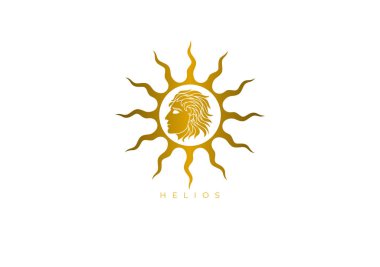 Güneş Tanrısı Helios için altın tasarım logosu, yeminlerin koruyucusu ve görüş tanrısı. Kalitesini kaybetmeden herhangi bir çözünürlük için vektör dosyası.